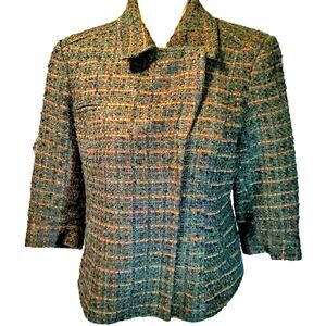 Coldwater Creek Asymmetrical Zip Blazer Jacket Size P10 Green & Copper Metallic